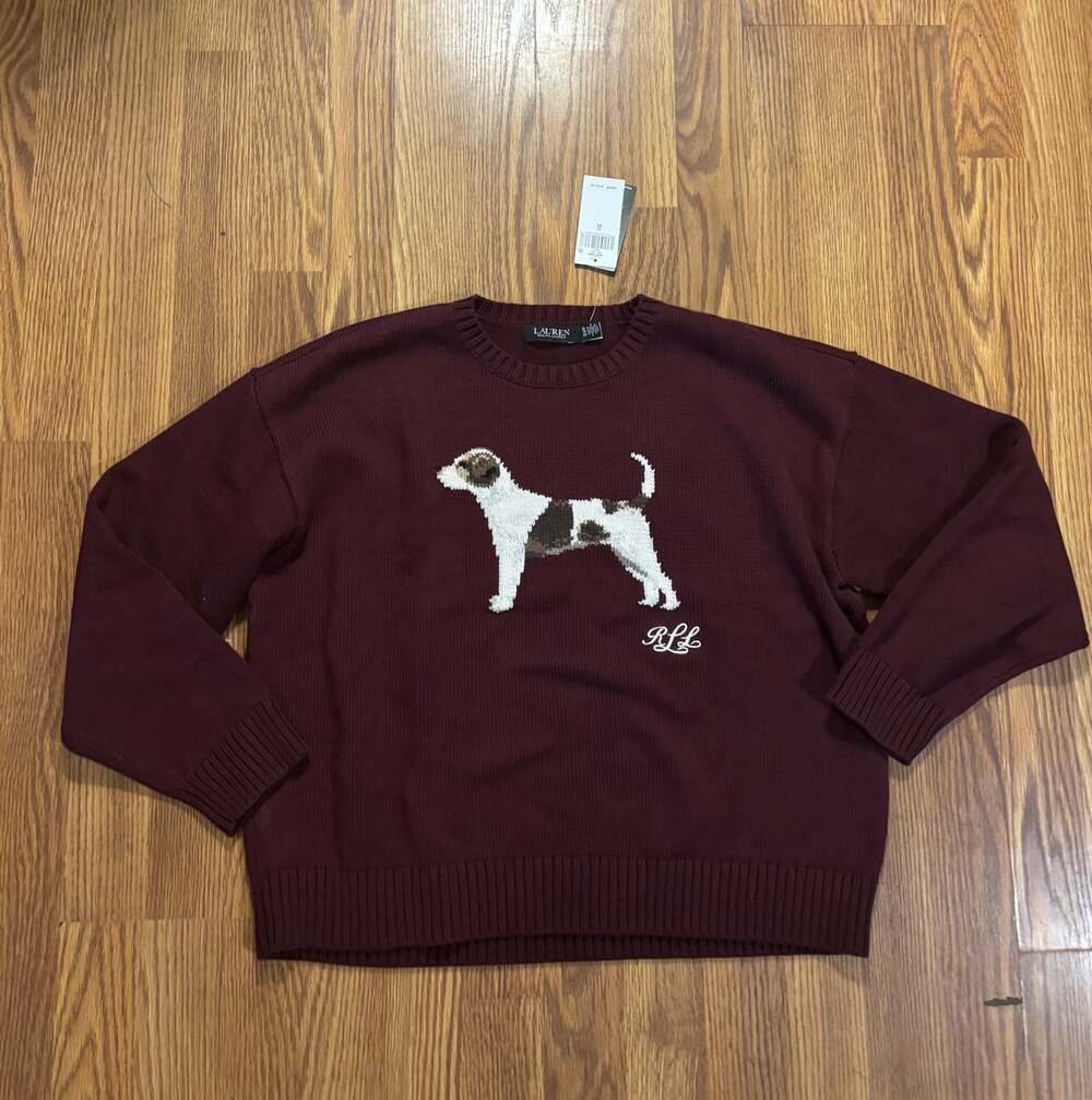 NWT Ralph Lauren Burgundy Dog Chunky Knit Teddy Bear Sweater